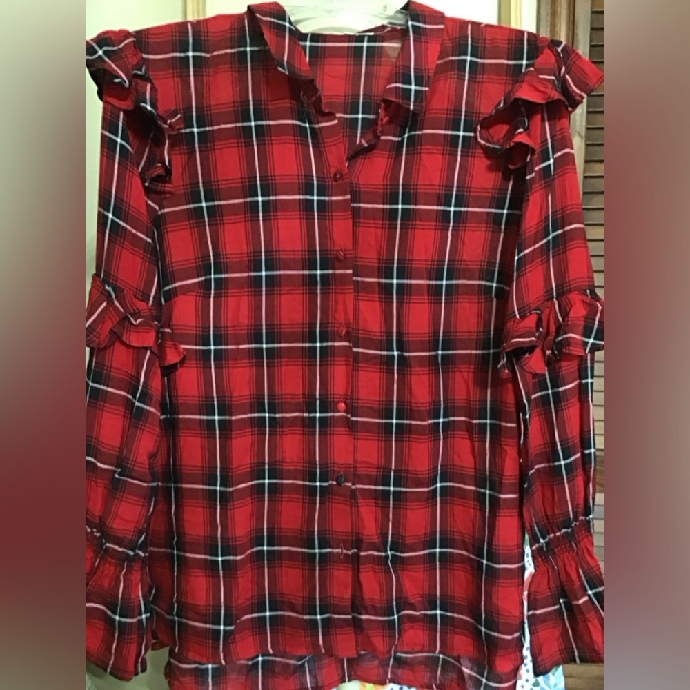 Woman’s size XL rocks and indigo, longsleeve red button down top/blouse